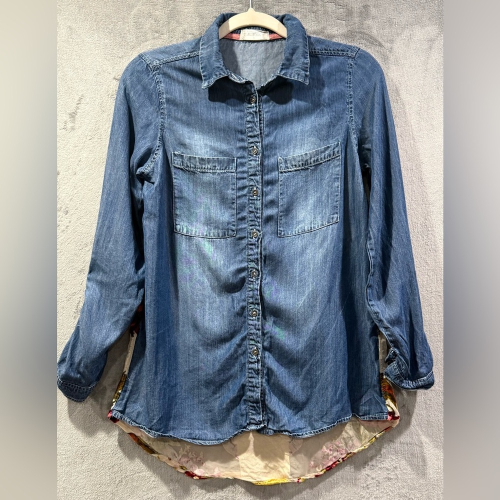 Altard State Womens S Denim Button Down Floral Print Velvet Burnout Boho